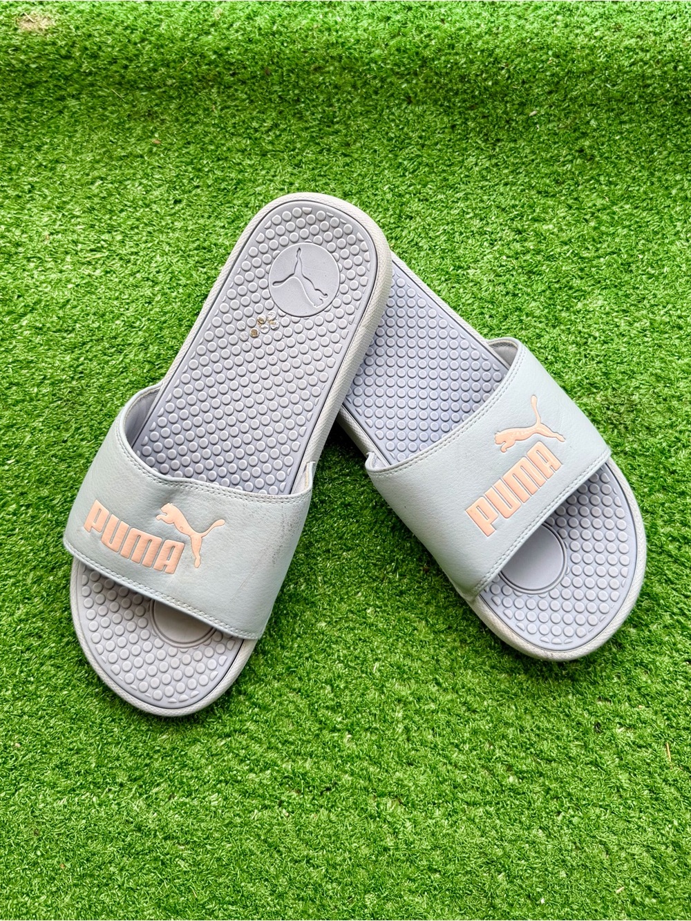 Puma Cool Cat Light Blue Pink Logo Comfort Slide Sandals Women's 10